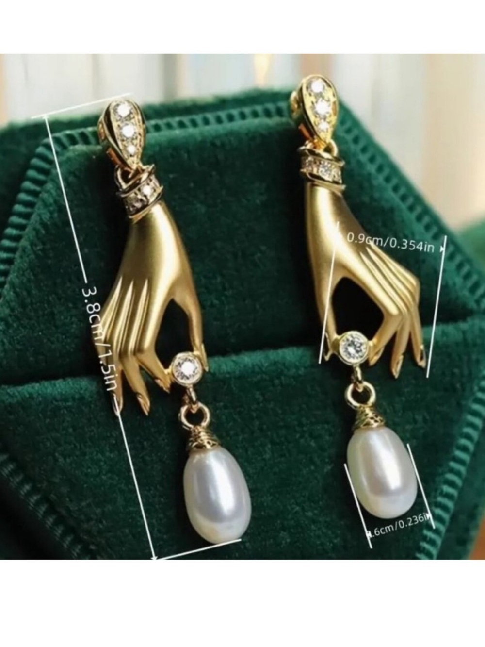 Gold Hand Pearl Drop Earrings with Crystal Accents - Picture 4 of 4